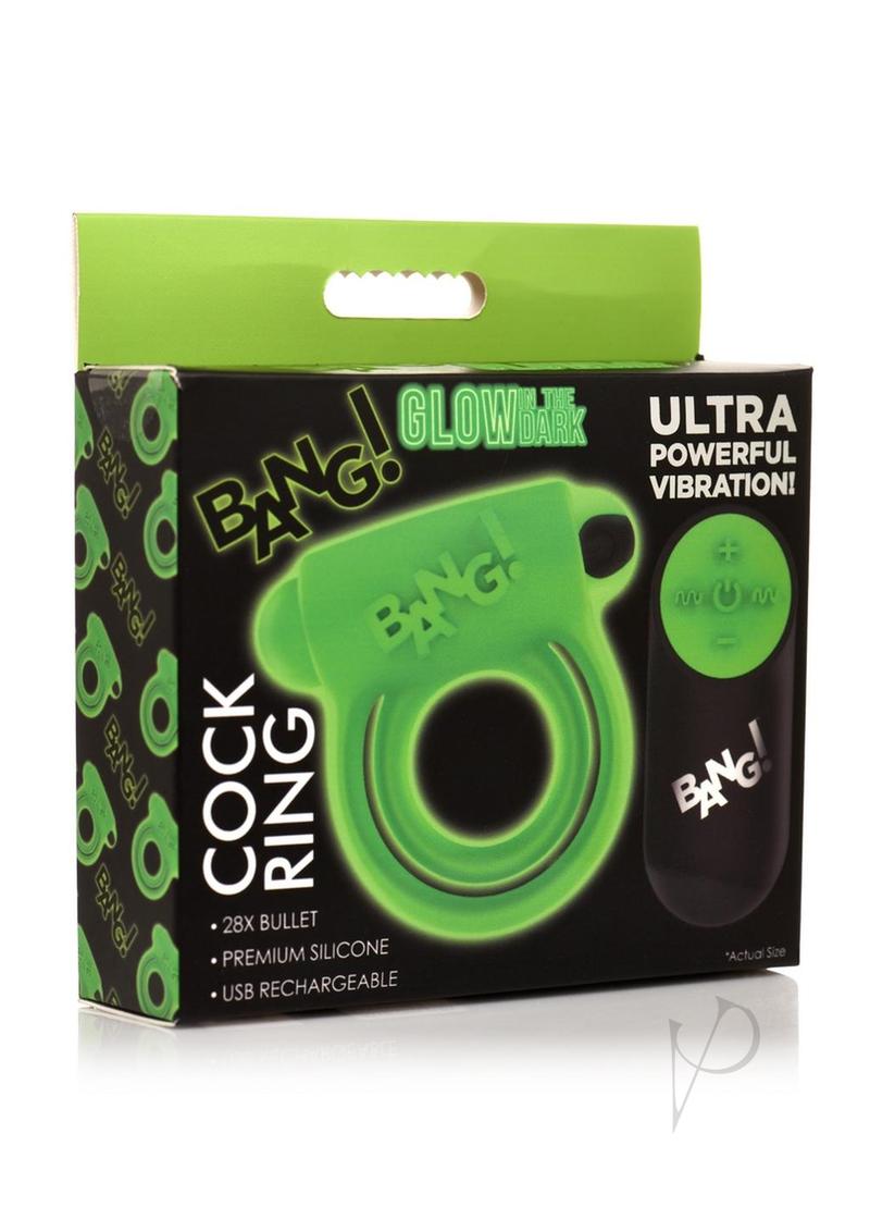 Bang! 28x Glow In The Dark Rechargeable Silicone Cock Ring with Remote - Green