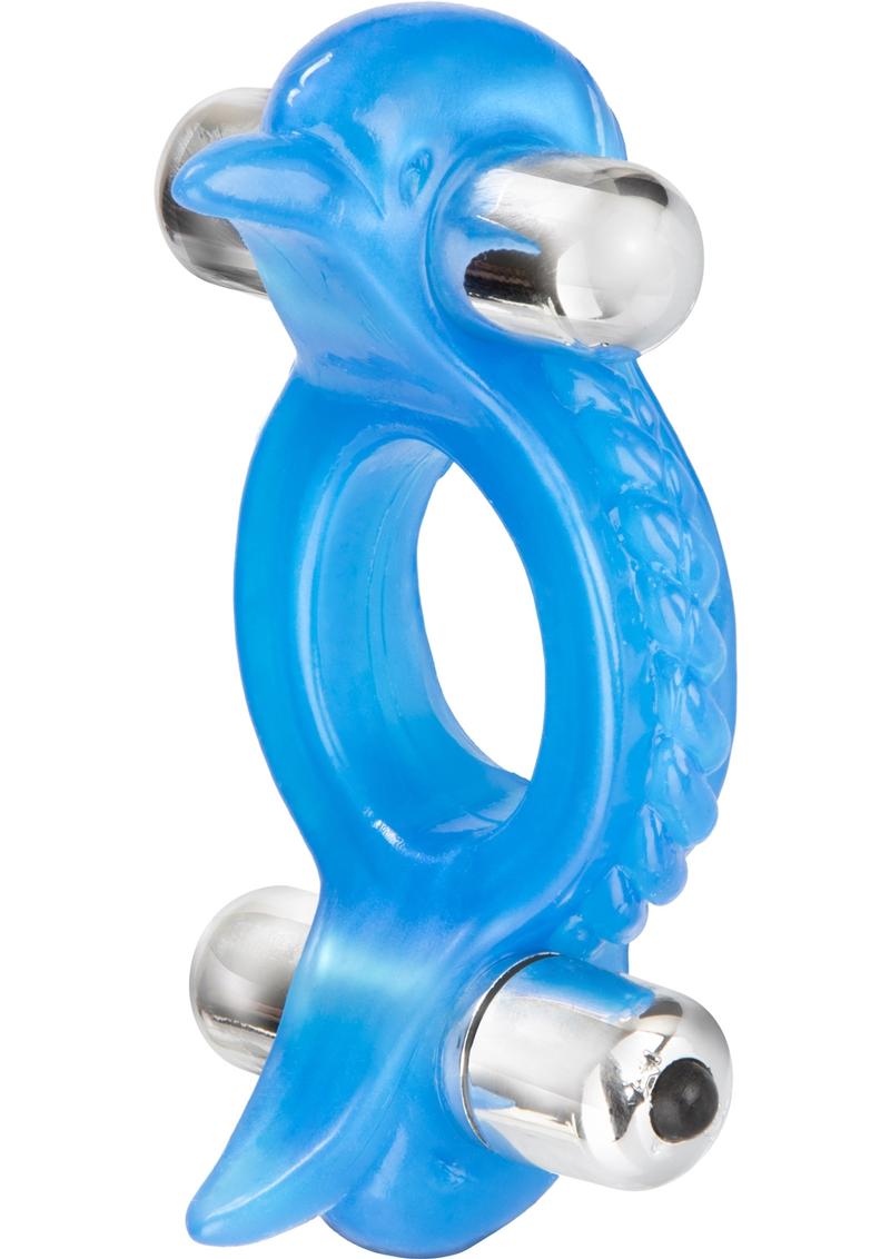 Double Dolphin Vibrating Cock Ring with Clitoral Stimulation - Blue