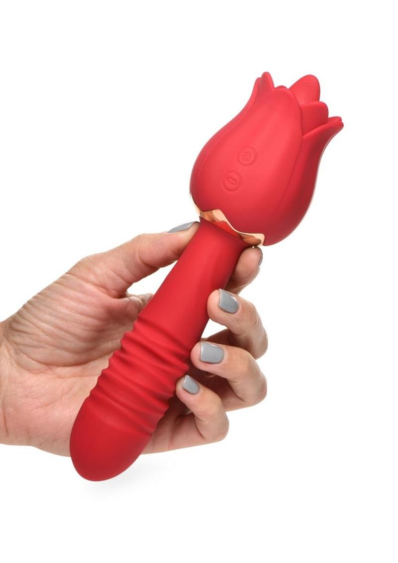 Inmi Bloomgasm Racy Rose - Vibrador de silicona recargable con efecto de empuje y lamido de rosas