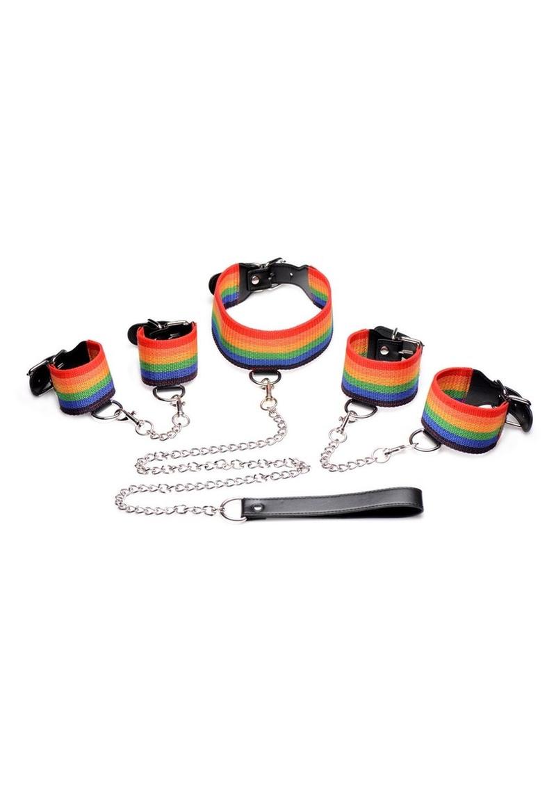 Conjunto de bondage arcoíris Kinky Pride: esposas para muñecas y tobillos y collar con correa