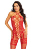 Leg Avenue Heart Net Halter Bodystocking with Faux Lace Up Front and Leg Garter Detail