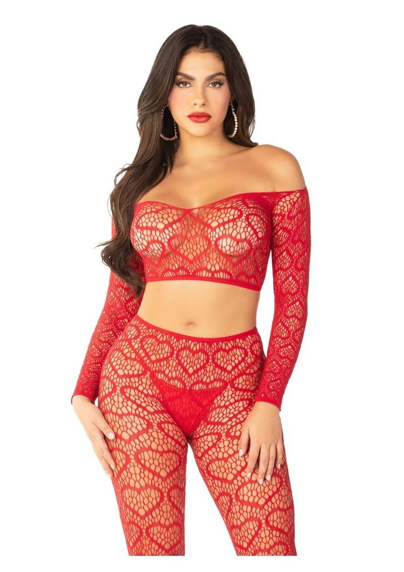 Leg Avenue Heart Net Off The Shoulder Crop Top and Footless Tights