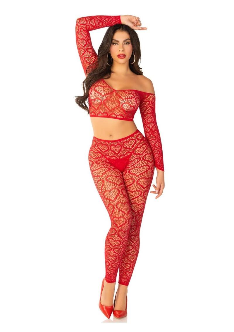 Leg Avenue Heart Net Off The Shoulder Crop Top and Footless Tights - Red - One Size - 2 Piece