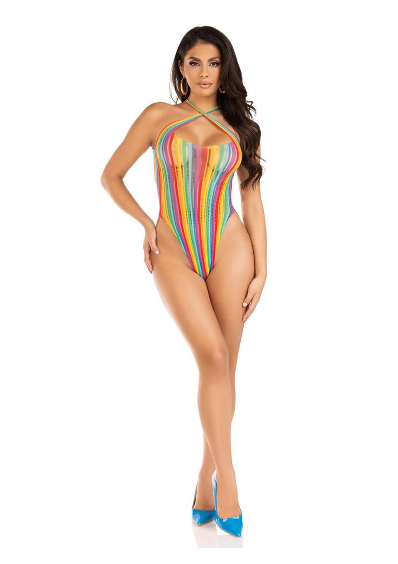 Leg Avenue Rainbow Stripe Cross-Over Halter Bodysuit