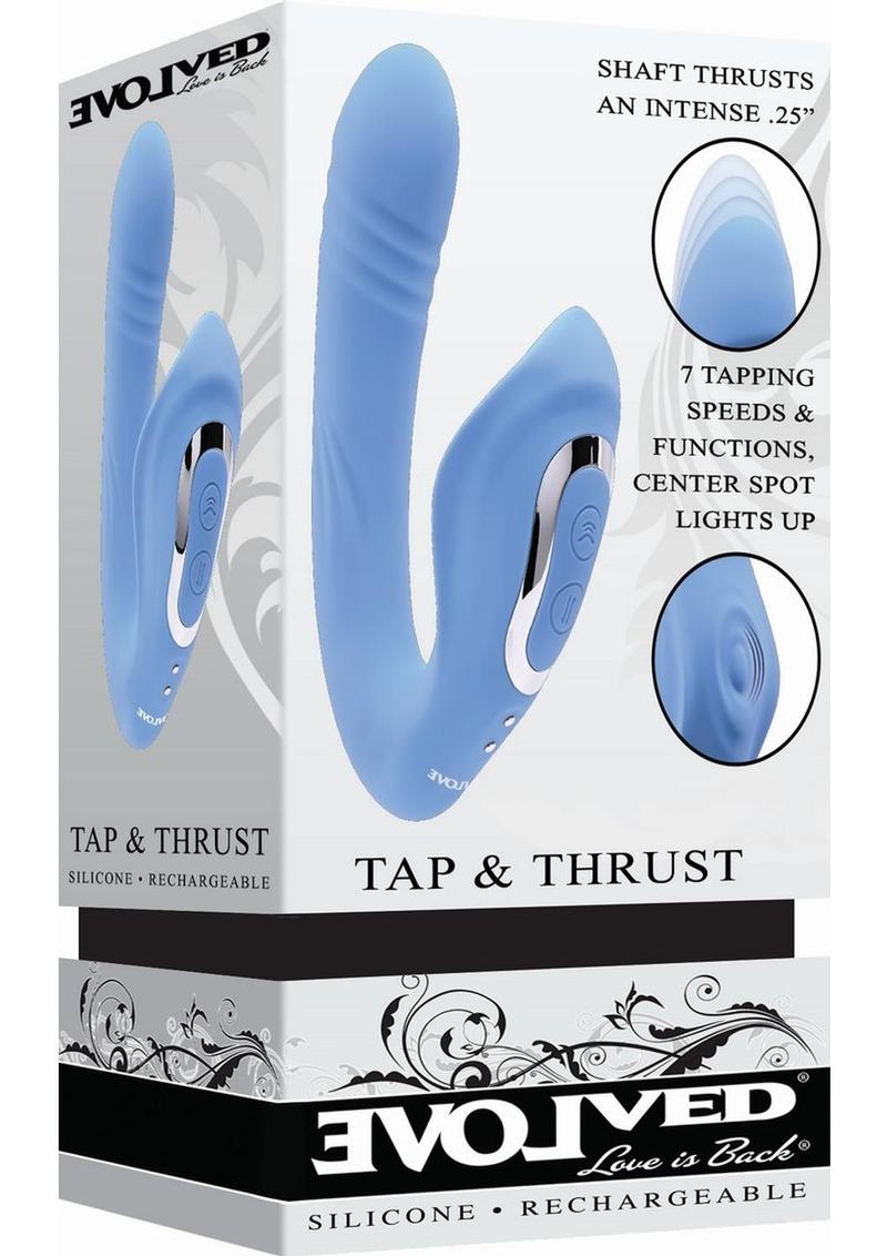 Tap and Thrust Rechargeable Silicone Vibrator with Clitoral Stimulation - Blue